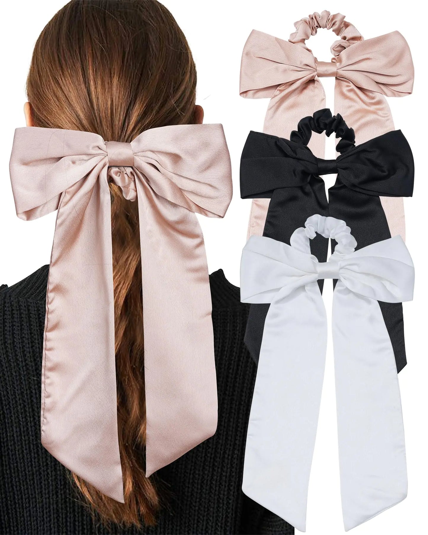 Silk Satin Hair Bow Scrunchies - 3PCS Solid Bow Hair Ties Scrunchy Bowknot Ponytail Holder for Women or Girls