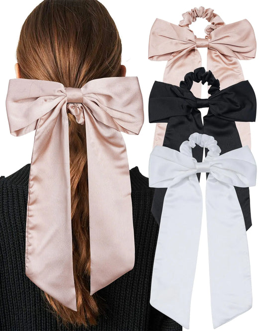 Silk Satin Hair Bow Scrunchies - 3PCS Solid Bow Hair Ties Scrunchy Bowknot Ponytail Holder for Women or Girls
