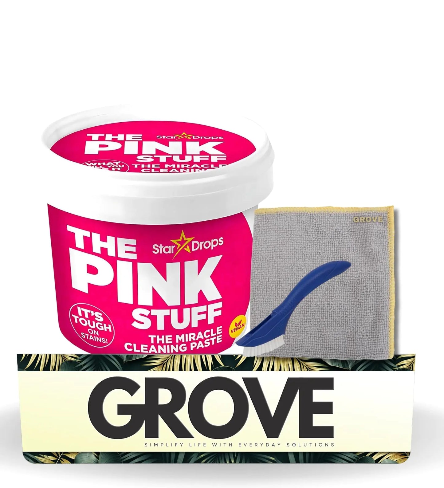 The Pink Stuff Fruity Scent Multi-Purpose Cleaner Paste 17.6 oz Bundle with Microfiber Cloth + Scrub Brush - Tough on Stains - Gentle on Surfaces for Bathroom Kitchen & More - (3 Items)