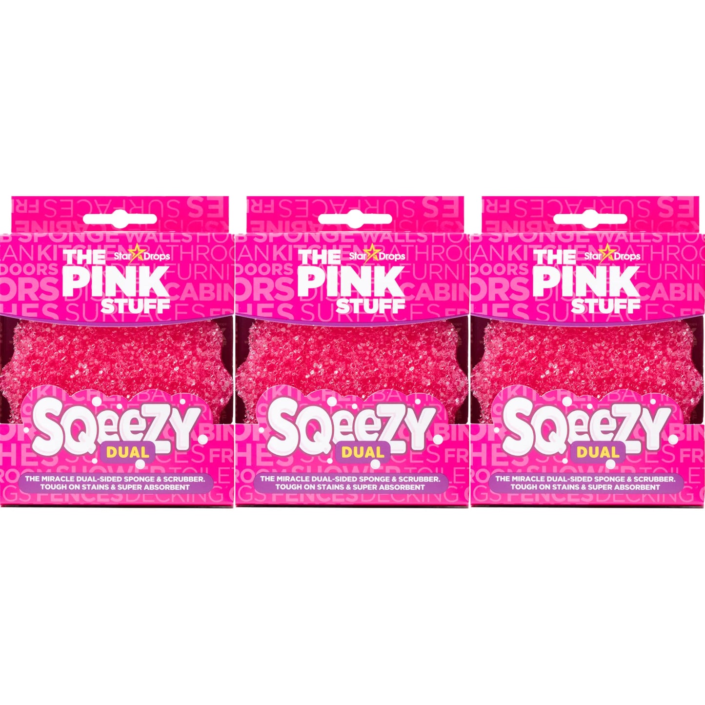 Stardrops – The Pink Stuff – SQeeZY Miracle Dual Sided Scrubber Sponge Scratch Free Solution for Ultimate Home Cleaning - Perfect for Kitchens Bathrooms and Outdoor Use 3-Pack